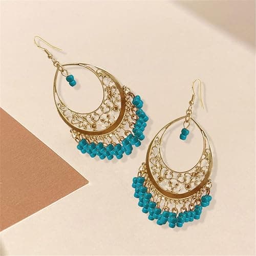 KVANU Handmade Creative Colorful Bohemian Chandelier Teardrop Bead Dangle Drop Earrings Ethnic Gypsy Beads Tassel Hoops Earrings for Women thumbnail 7