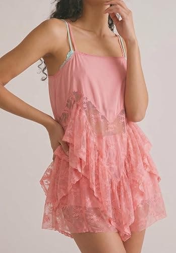 Jenkoon Womens Lace Slip Dress Sweet Summer Mini Dress with Adjustable Straps Square Neckline Slip Top thumbnail 4