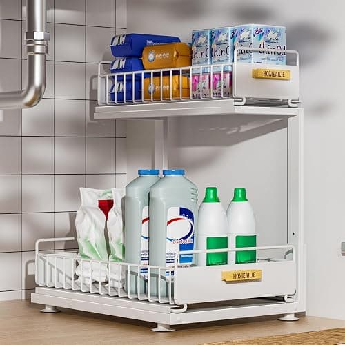 HOMEAILIE Under Sink Organizer, High Adjustable 2 Tier Under Kitchen Sink Organizer, Multi-Purpose Storage Shelf for Kitchen Bathroom Cabinet, White - Image 1