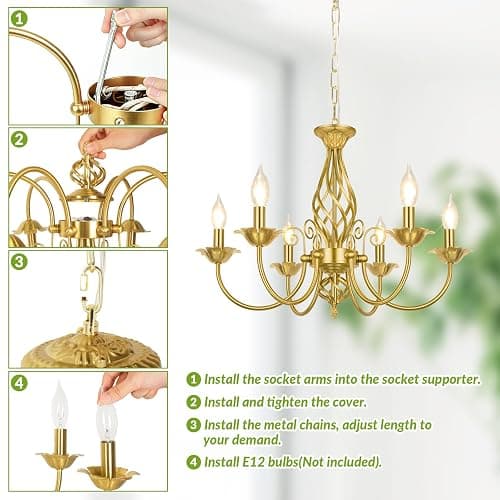 VerRon 6-Light Farmhouse Candle Chandelier for Dining Room, Luxury Gold | Vintage Ceiling Hanging Lamp, Rustic Industrial Pendant Ceiling Light Fixture for Living Room Bedroom Kitchen, E12 Socket thumbnail 5