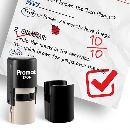 Promot - Self-Inking Stamps for Teachers, Round Rubber Stamp for Grading & Feedback, Quick-Dry Ink Stamps, Clear Imprint, Refillable Classroom Stamp & No-Mess Design (Check Box) - Image 1