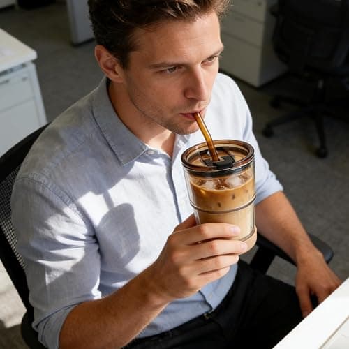13 oz Glass Iced Coffee Cups with Lid and Straw, Leak Proof Glass Tumbler for Ice Tea, Water, Non-Slip Silicone Bottom, Thick Wall Drinking Glasses for Home/Office, BPA Free, Amber 2 Pack thumbnail 2