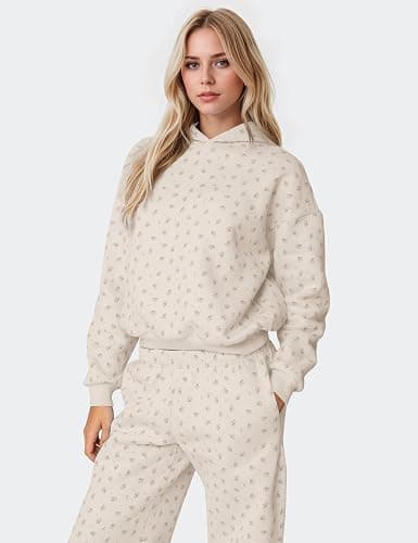 OLAPTA Women 2 Piece Outfits Ditsy Flower Print Sweatsuits Sets Long Sleeve Sweatshirts Wide Leg Sweatpants Fall Tracksuits thumbnail 4