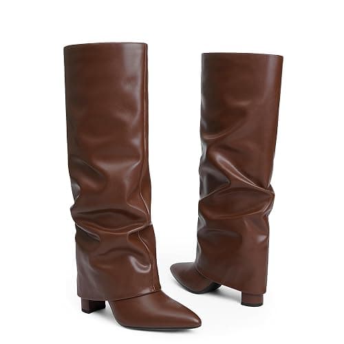 Modatope Knee High Boots Women Fold Over Knee High Boots Chunky High Heels Long Boots Zipper Pointed Toe Dress Tall Boots for Women thumbnail 2