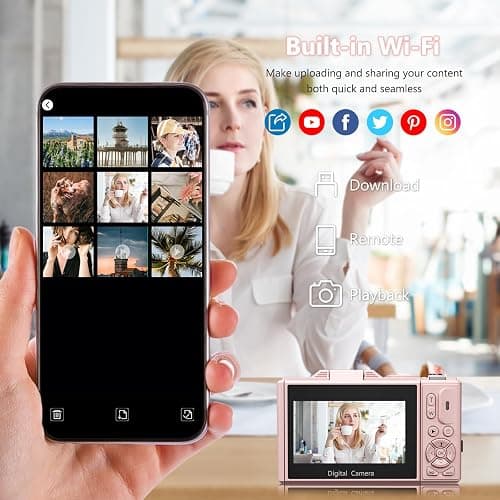 YYKLNYP 4K Digital Camera with 64MP Photos, Vlogging Camera with 180° Flip Screen, Compact Point and Shoot Camera with WiFi & 32GB Card, Easy-to-Use for Beginners and Travel, Pink thumbnail 5