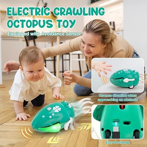 Dancing Octopus Toy for Babies, Electric Crawling Squid Toy with Music & Lights, Fishing Rod & Avoidance Sensor, Tummy Time Toys Baby Toys for 1 2 3 Years Old, Green thumbnail 4