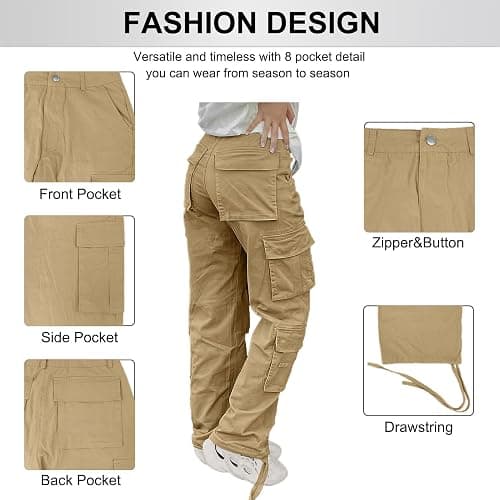 SDNGED Cargo Pants for Women High Waisted Casual Pants Baggy Y2k Straight Wide Leg Pants with Pockets Streetwear - Medium - Khaki thumbnail 5