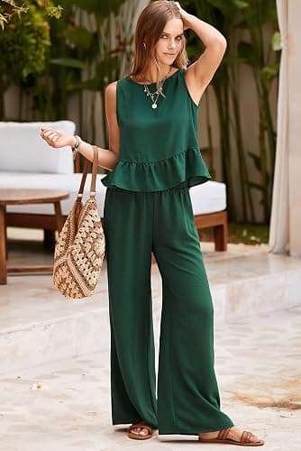 Dokotoo Pants Sets Women 2 Piece Outfits Sleeveless Round Neck Tank Tops Matching Sets for Women Elastic Waist Wide Leg thumbnail 5