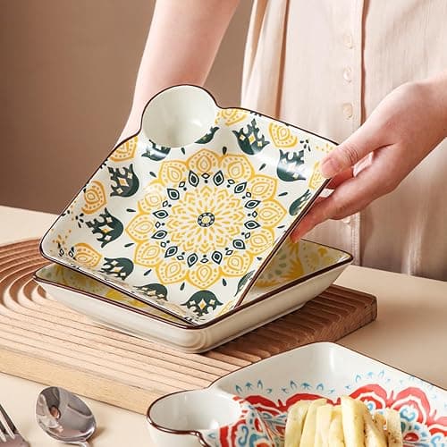 6 PCs Ceramic Sushi Platter, Square Dumpling Plate with Dipping Saucer | 7.17in Serving Plates Includes 5 Chopsticks, Chips and Dip Plate Ideal For Sushi, Dumplings, Chips & Dip thumbnail 2