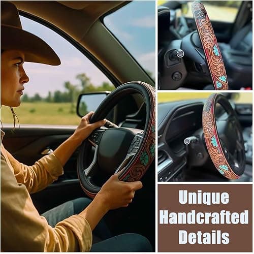 Western Leather Steering Wheel Cover - Retro Western Cowboy Handcrafted Tooled Leather, Anti Slip Universal, Auto Interiors Accessories, Breathable for Suvs,Trucks (C) thumbnail 4