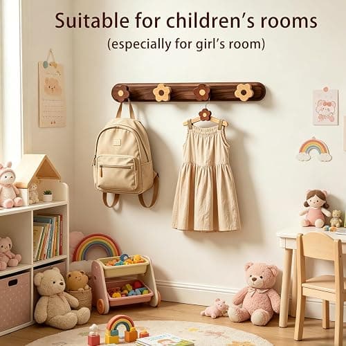 Kids Coat Rack Wall Mount - Wood Cute Flower Coat Hooks for Hanging Clothes,Purse,Robe,Towels,Backpack,Modern Decorative Walnut Wall hooks Heavy Duty Hanger for Girls Nursery,Bathroom,Entryway&Bedroom thumbnail 3