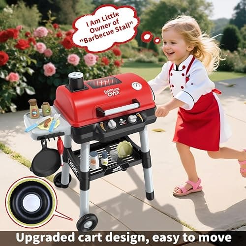 Kids Play Kitchen Toys, Kids BBQ Grill Playset with Smoke Sound Light, 2-Layer Barbecue Toy with Wheel, Outdoor Play Grill Toys for Toddlers 3-5, Play Food Toys Cooking Set, Birthday Gift for Boy Girl thumbnail 6