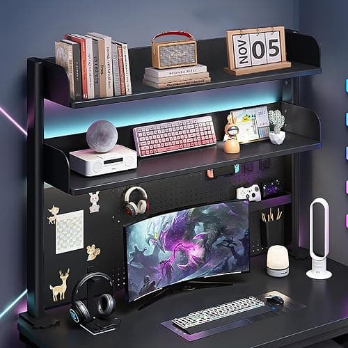 OXBZKMY Clamp on Desk Shelf with Pegboard, Black Desktop Organization Bookshelf Storage Shelves for Home Office Dorm Gaming Desk, Space Saving Tabletop Display Rack (Black, 39.5(W) x37.5in(H)) thumbnail 4