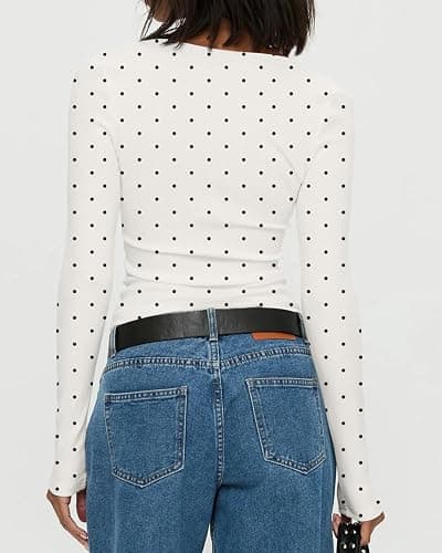 BAIGRAM Women Y2K Polka Dot Long Sleeve Crop Tops-Vintage Boho Scoop Neck Tee Shirt Tight Fit Jersey Tshirt Fall Outfits thumbnail 2