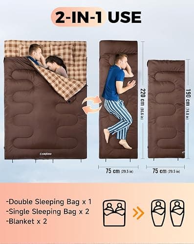 KingCamp Double Sleeping Bag for Adults, Queen Size 2 Person Sleeping Bag | XXL 100% Cotton Flannel Waterproof,Lightweight,Includes 2 Pillows Sleeping Bag,Perfect for Couples Family Camping Hiking thumbnail 5