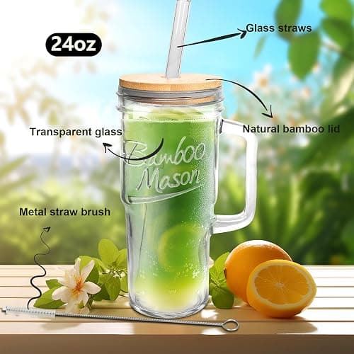 ANOTION Glass Cups with Lids and Straws - 24oz Tumbler with Handle Coffee Cups Glass Straws Glasses Mason Jar Cups Drinking Set Kitchen Essentials Coffee Bar Accessories House Warming Gifts New Home thumbnail 4