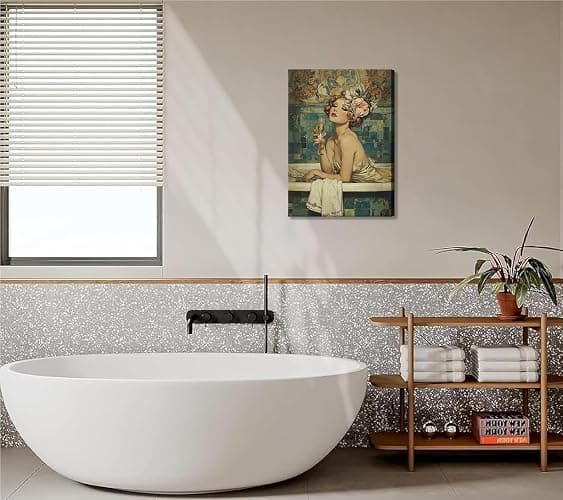 Vintage Bathroom Canvas Wall Art Woman With Champagne Picture Wall Decor Coquette Bathtub Poster Print Elegant Woman in a Bathtub Painting Artwork for Toilet Bar Home Decoration 12x16in Frame thumbnail 3