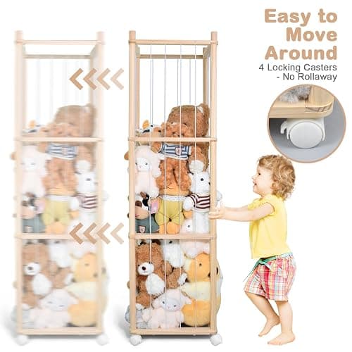 Stuffed Animal Storage, Wood Stuffed Animal Zoo Storage with Brake Wheels, Space Save Toy Organizer, Large Capacity Stuffed Animal Holder, Perfect for Nursery Playroom Kidroom Bedroom-54.3 Inch thumbnail 7