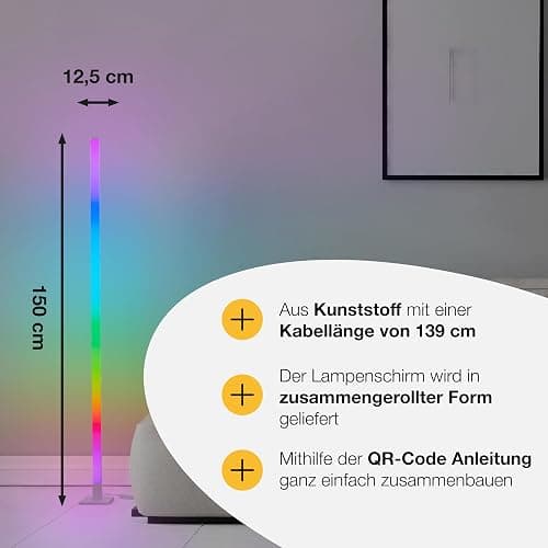 Brilliant RGB-LED Stehlampe | 150 cm Höhe | dimmbare Standleuchte mit Musiksensor & Fernbedienung & RGB-Frontlight | max. 125 lm | integiertes LED | aus Aluminium/Kunststoff in Weiß thumbnail 3