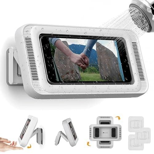 Mistriddle Waterproof Shower Phone Holder with 360° Rotation, Angle Adjustable, Enhanced Sound Quality, Wall Mounted Phone Holder for Bathroom Mirror Bathtub Kitchen, Up to 7 Inch (White) - Image 1