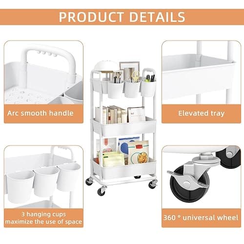 JIUYOTREE 3-Tier Plastic Rolling Storage Cart Utility Cart with Extra Hanging Cups Handles Lockable Wheels for Living Room Bathroom Kitchen Office White thumbnail 6