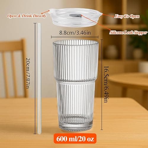 20 oz Ribbed Glass Tumblers with Lids and Straws – Set of 4 Thickened Glassware, Elegant Durable Ribbed Drinking Glasses Bulk for Iced Coffee Cups, Cocktails, Smoothies, Juice, Hot or Cold Beverages thumbnail 3