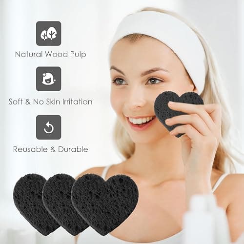 Nuenen 60 Pieces Facial Sponges with Container, Heart Shape Compressed Face Sponges Natural Cleaning Pads for Washing Face Cleaning Exfoliating Esthetician Makeup Removal(Black) thumbnail 5