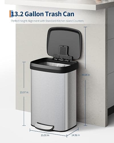 Garvee 13 gal / 50 L Stainless Steel Trash Can with Lid, Large Garbage Can for Kitchen, Rustproof Step-on Kitchen Metal Trash Bin with Liner Rim, Rear Handle, Soft Close Plastic Lid, Silver thumbnail 6