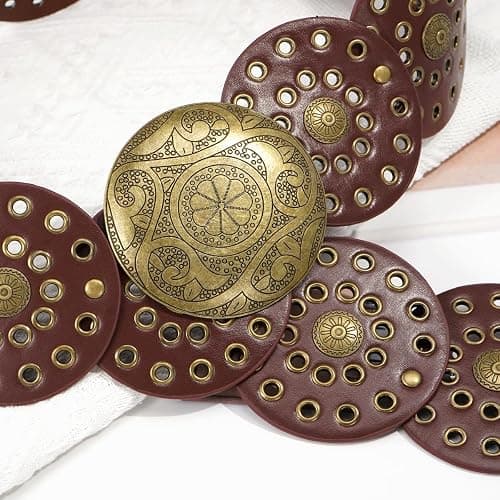 Liutufy Wide Disc Belt for Women Vintage Hollow Boho Leather Belt Western Chunky Waist Belt Cowboy Metal Buckle Concho Belts thumbnail 5