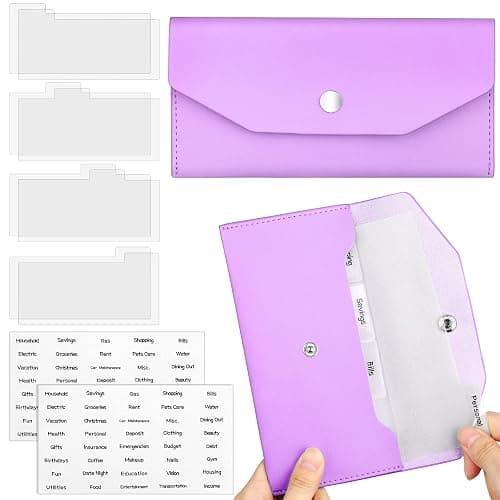 Frienda Cash Envelope Wallet PU Leather 7 x 3.5 Inch Reusable Budget Money Pouch Envelope Organizer 8 Cash Dividers 2 Sheets Category Sticker Labels for Wallets Bill Planner(Purple,Classic) - Image 1