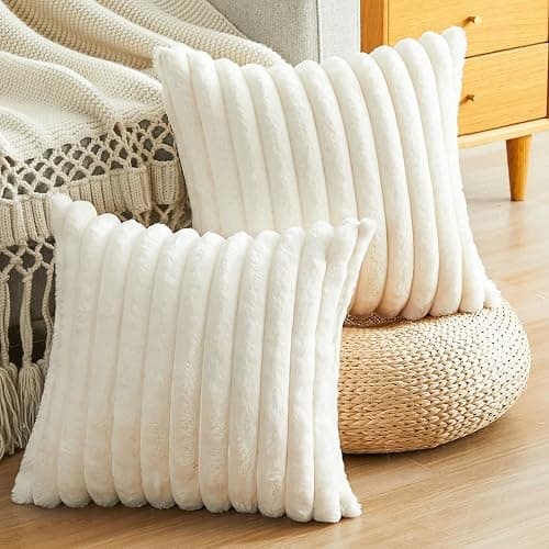 Joyouth Pack of 2,Double-Sided Faux Fur Plush Decorative Throw Pillow Covers Fuzzy Striped Soft Pillowcase Cushion Covers for Sofa Couch Bedroom White 16x16 inch thumbnail 2