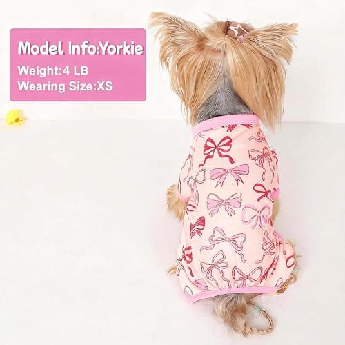 DaFuEn Dog Pajamas for Small Dogs, Soft Stretchy 4 Legs Puppy Jumpsuit, All Season Cozy Pet PJs for Chihuahua Yorkie Teacup Dogs, Cat Clothes (Pink Bow, L) thumbnail 5