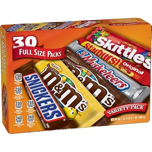 Mars M&M'S, SNICKERS, 3 MUSKETEERS, SKITTLES & STARBURST Variety Pack Full Size Bulk Candy Assortment, 56.11 oz, 30 Count - Image 1