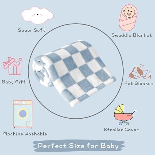 Yurhap Checkered Baby Blanket Fleece Baby Blankets for Boys, Ultra Soft Cozy Fluffy Infant Toddler Newborn Receiving Blankets for Crib Stroller, 30''x40'', Blue thumbnail 7