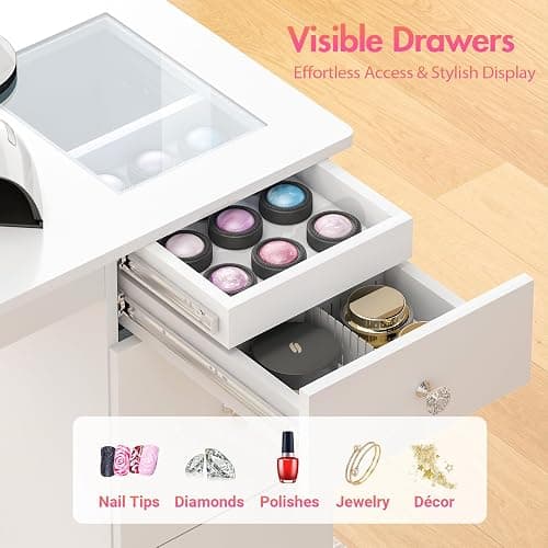 Manicure Table for Nail Tech with Glass Top, Visible Drawers & Trash Bag Holder, Acetone-Resistant Manicure Nail Desk, Beauty Salon Workstation with Wrist Rest & Electric Dust Collector (White) thumbnail 3