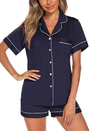 Aamikast Button Up Pajama Set for Women Shorts Short Sleeve Knit Sleepwear 2 Pice Pjs Sets thumbnail 2