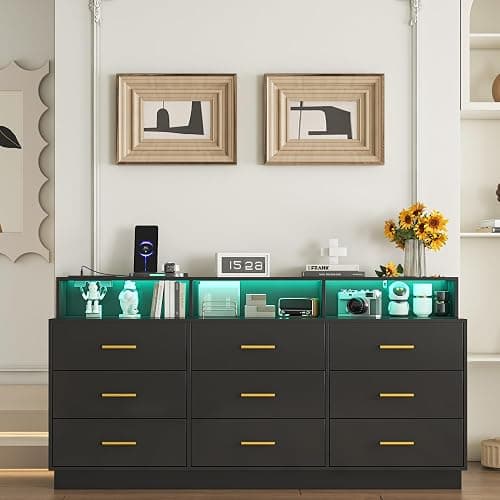 knoworld Black 9 Drawer Dressers for Bedroom, Modern Large Dresser with LED Light and Power Outlet, Wooden Long Dresser, Triple Dresser for Bedroom, Living Room, Entryway, Hallway thumbnail 9