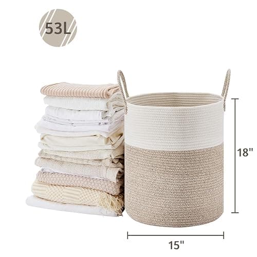 VIPOSCO Large Laundry Hamper, Tall Woven Rope Storage Basket for Blanket, Toys, Dirty Clothes in Living Room, Bathroom, Bedroom - 53L White & Brown thumbnail 2