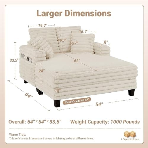 Chaise Lounge Chair Indoor, Amsleekey 64" Oversized Sleeper Chair with Wood Frame, Upholstered Sofa Bed for Living Room, Movie Room, Bedroom with 4 Storage Pockets&2 Cup Holders(Plush Corduroy, Beige) thumbnail 2