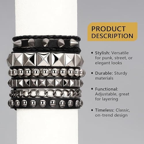 JOLYEAK Punk Leather Rivets Bracelets Punk Rock Leather Studded Bracelets 80s Wristband Emo Gothic Spike Cuff Bracelet Set for Men Women Rocker Outfits Skull Bracelet thumbnail 3