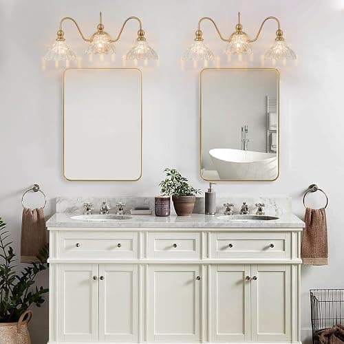 BrkNit Vintage Bathroom Light Fixtures Over Mirror, 3-Light Brass Wall Sconce Lighting with Flower Glass Shade, Farmhouse Vanity Lights for Bedroom Kitchen Living Room Hallway Light thumbnail 6