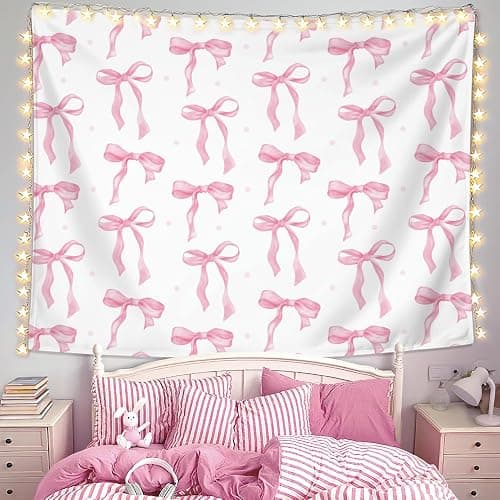LIANGW Coquette Pink Bow Tapestry Wall Hanging, Coquette Preppy Room Decor, Pink Girly Aesthetic Wall Blanket Decor for Girls Room Dorm Apartment, 50x60 Inch - Image 1