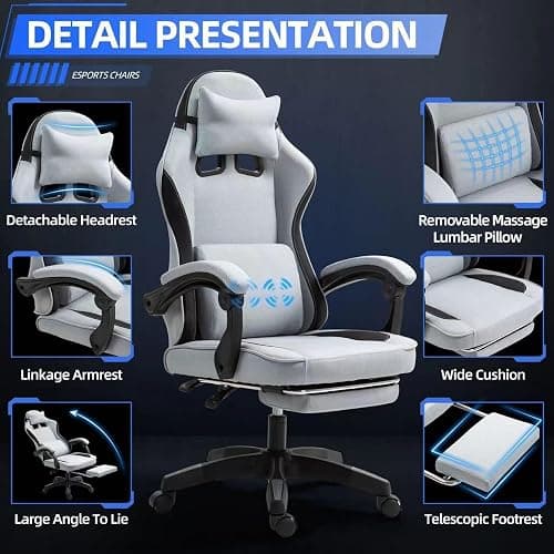 Fabric Massage Gaming Chair, Ergonomic Computer Chair, Video Game Chair, Massage Office Chair, Desk Swivel Chair, Adjustable, Reclining, Footrest, Massage Cushion, Fabric Material, Grey, New thumbnail 4