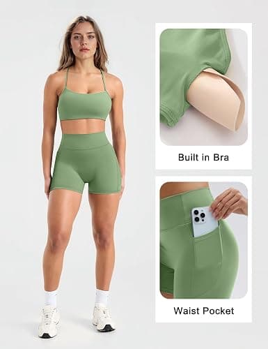 SUUKSESS Women 2 Piece Workout Sets Padded Halter Sports Bras High Waisted Biker Shorts with Pockets thumbnail 3