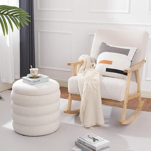 Dolift Teddy Sherpa Round Ottoman with Storage, Modern Upholstered Vanity Stool Foot Rest, Small White Boucle Storage Ottoman for Bedroom, Living Room, Entryway, Dorm thumbnail 7