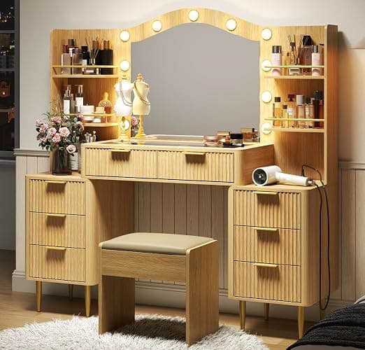 55" Big Fluted Vanity Desk with Mirror and Lights,Makeup Vanity with 8 Storage Drawers and 4 Storage Shelves,Glass Top & Power Outlet,3 Lighting Modes,Dressing Table for Women Girls Bedroom,Oak thumbnail 3
