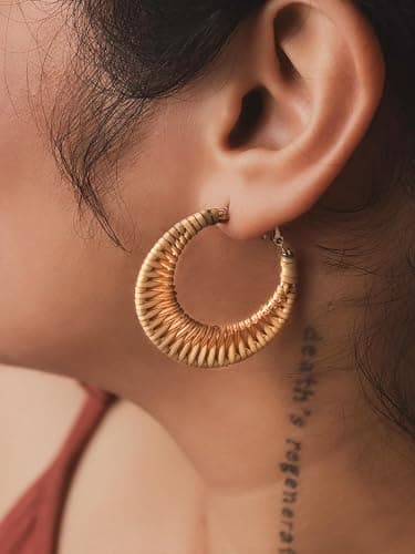 MINACHI Boho Handwoven Rattan Hoop Earrings, Bohemian Summer Beach Statement Jewelry Gift for Women (2) thumbnail 6