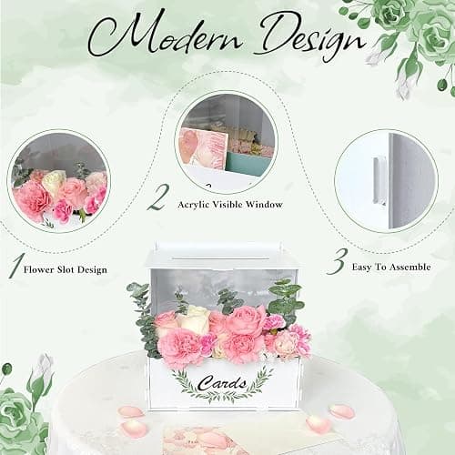 OurWarm Wooden Wedding Card Box with Flower Trough, White Gift Card Box for Wedding with Acrylic Board, Weddings Cards Boxes for Reception Graduation Birthday Party Bridal Baby Shower Decorations thumbnail 4