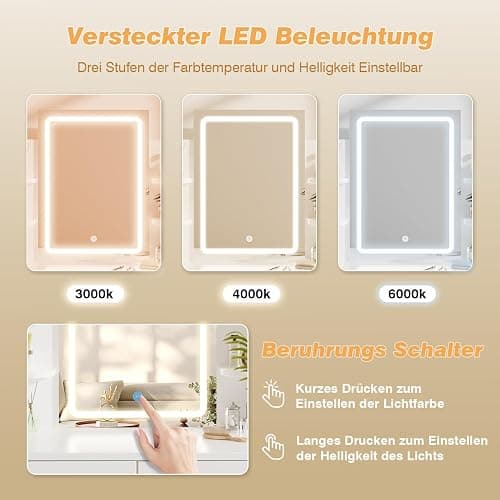 Airfish Dressing Table with LED Light,Vanity Desk with Mirror and Concealed LED Light Strip, MakeUp Desk with Two Drawers and One Sideboard,Modern (White, 90 x 40 cm) thumbnail 5
