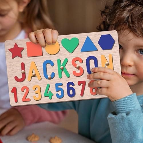 AZUFEMOS Personalized Name Puzzle for Kids, Personalized Baby Gifts Name Puzzles for Toddlers 1-3, 1st Birthday for Girls & Boys Wooden Alphabet & Shape Puzzle Montessor Toys for Kids - Number Puzzle thumbnail 3